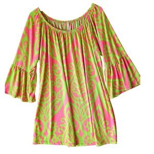 Cezanne Hot Pink & Neon Green Print Bell‎ Sleeve Off The Shoulder Dress Size L